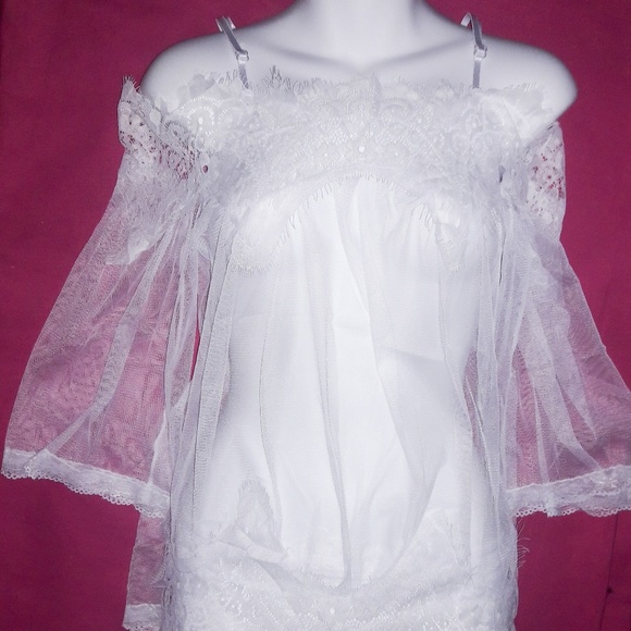 Cold Shoulder Sheer White Mesh Lace Babydoll Set - Picture 5 of 8